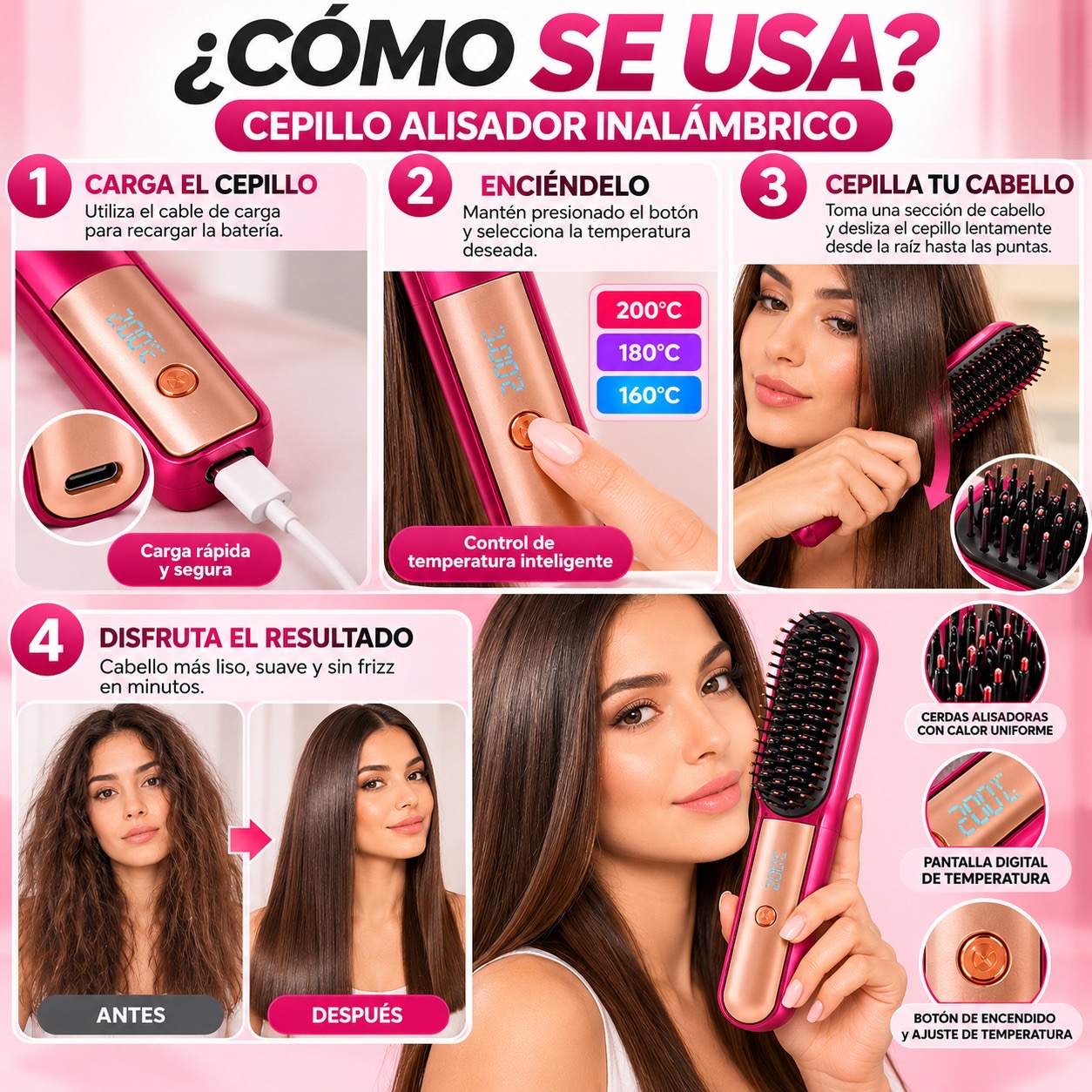 Cepillo Alisador Inalámbrico 2 en 1